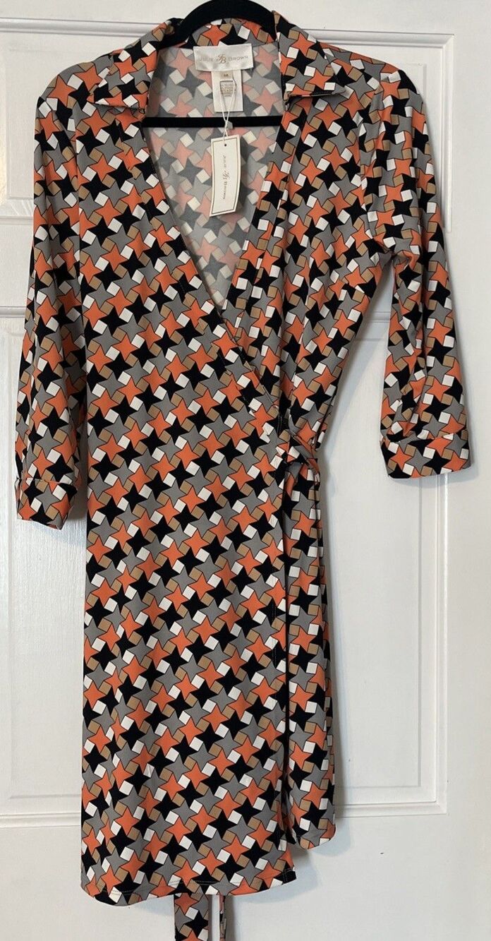 Julie Brown Milo Wrap Dress Medium Geometric Orange Stretch Career Sophisticated
